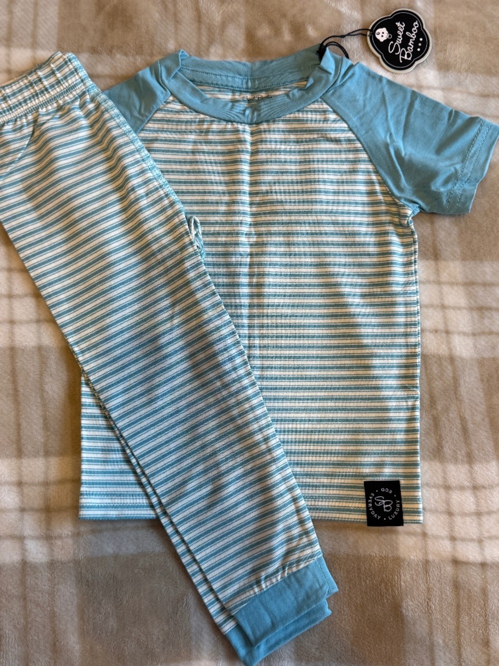 Sweet Bamboo Pajamas- Sky Blue Ticking Stripe with raglan sleeves- Size 2T